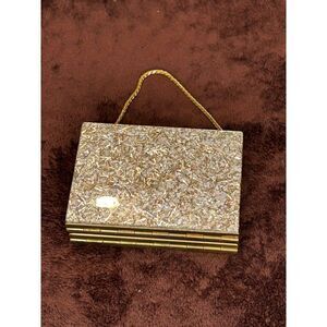 Vintage Gold-Tone Metal & Textured Compact Purse with Mirror & Chain Handle